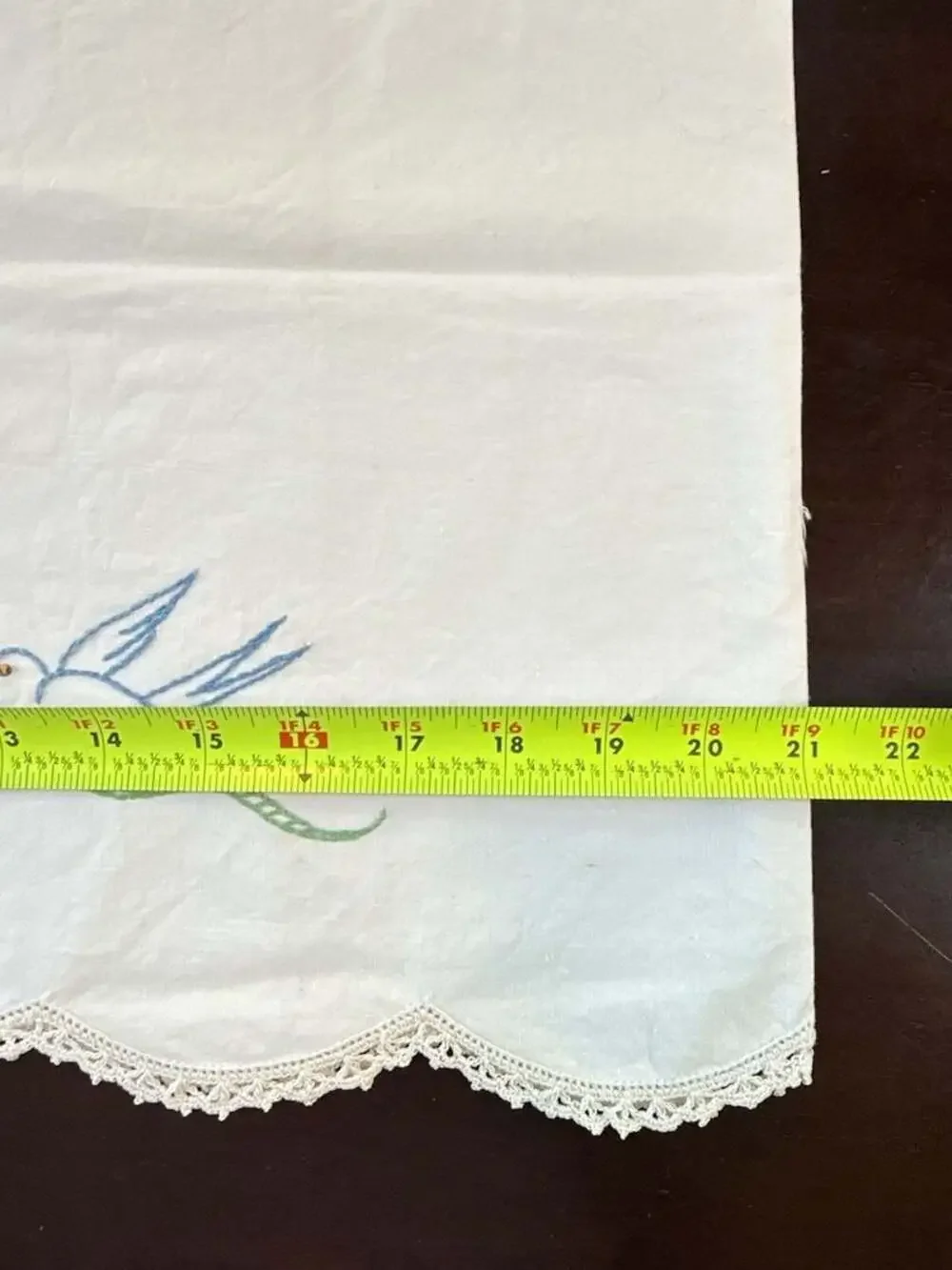 Vintage Hand Embroidered Floral Basket and Blue Birds Pillowcases Lace Trim